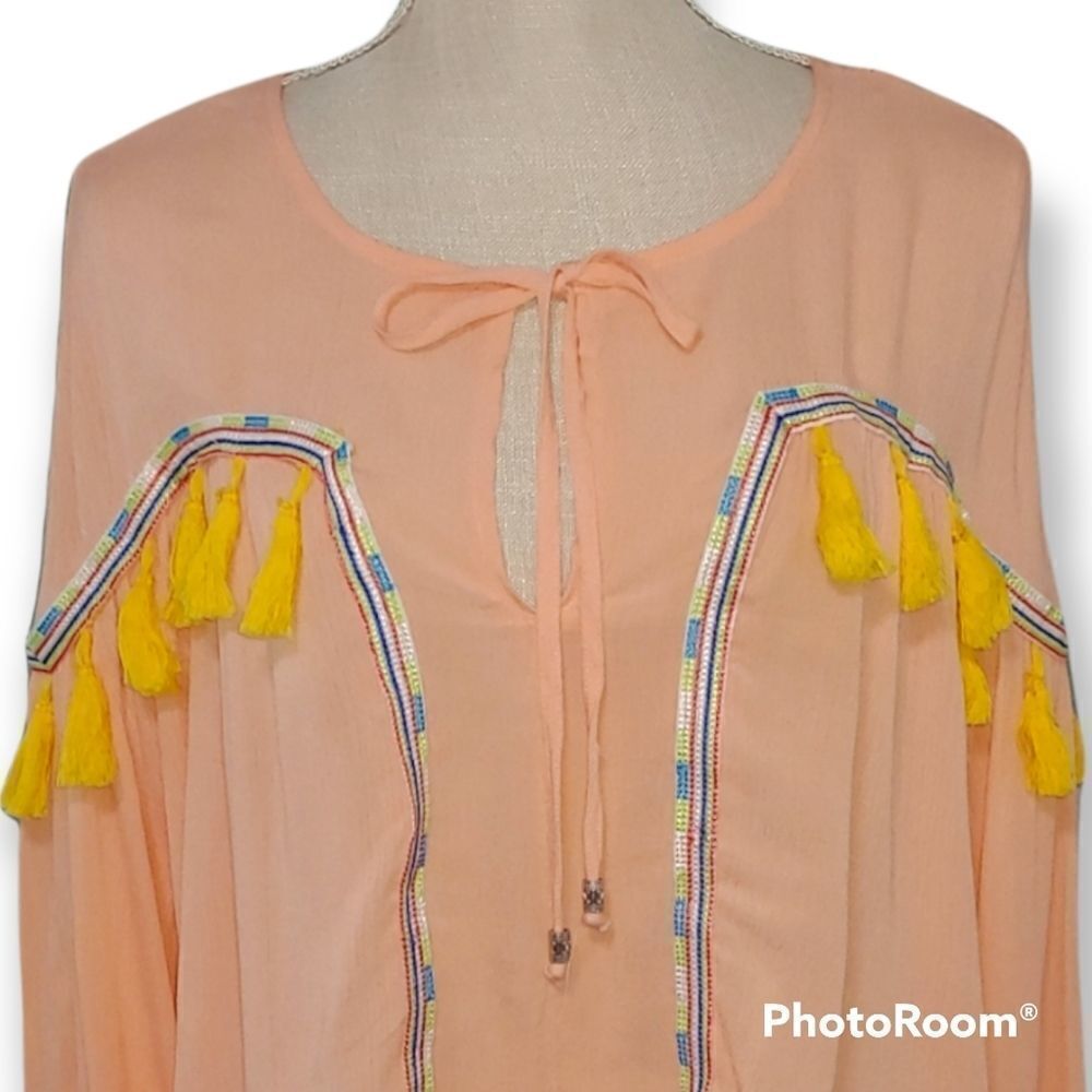 Gianni Bini medium orange long sleeve tassels boho peasant flowy top - Picture 3 of 7